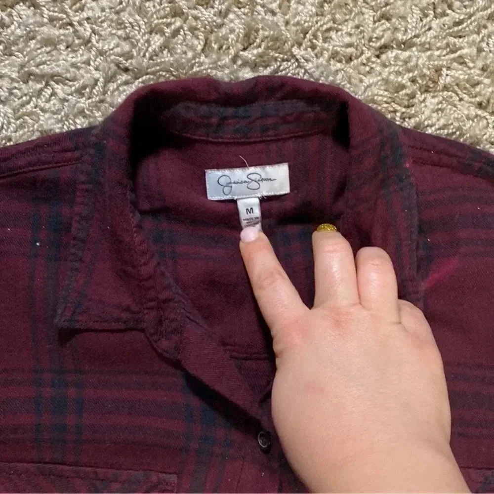 Jessica Simpson Bleached Repurposed Dark Red flannel with horse graphic-Size Med - Picture 7 of 8